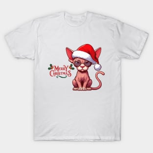 Christmas sphynx cat drawing. Funny Santa Claus cat. T-Shirt